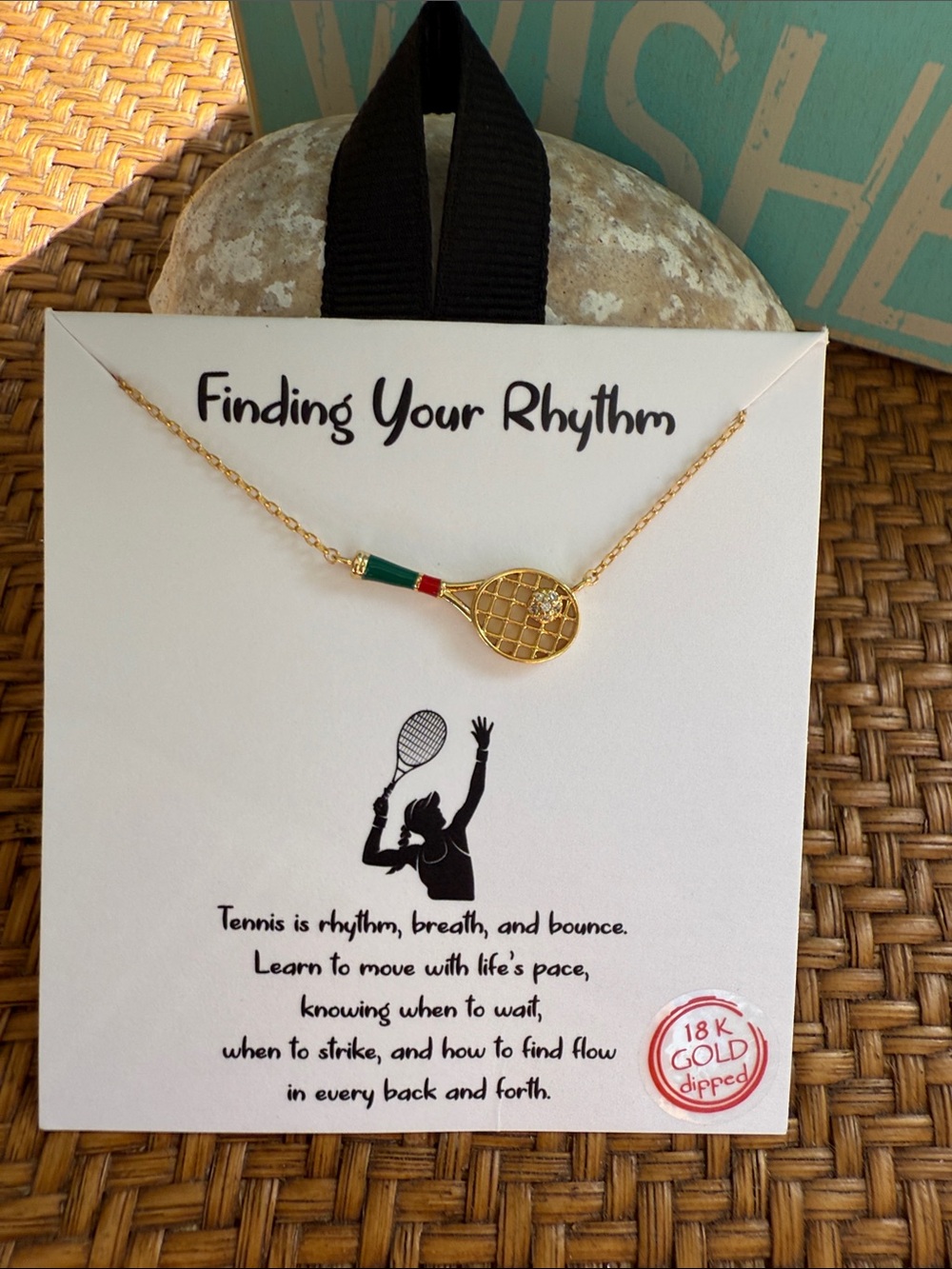 Gold Tennis Racket Necklace with Green and Red Accent - Finding Your Rhythm - Picture 3 of 8